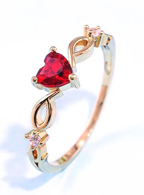 热卖桃心网红铜戒指女红宝石爱心形锆石镶钻镀白K时尚首饰
