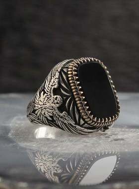新款饰品 欧美简约金边黑色宝石男士双色老鹰动物戒指