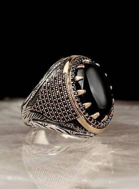 欧美个性复古双色男戒外贸黑色玛瑙黑宝石戒指珠宝首饰指环饰品