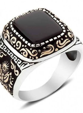 新款欧美个性复古双色男戒外贸黑色玛瑙戒指珠宝首饰指环