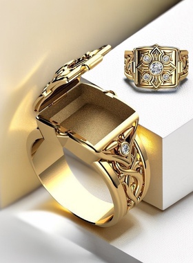 嘻哈朋克镀18K黄金男士戒指欧美盒子翻盖指环饰品