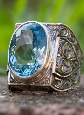 欧美绿松石男士戒指镶嵌男款复古风饰品蓝色宝石雕花戒指