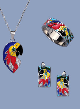 欧美流行珐琅首饰三件套镀金多彩撞色滴胶花卉戒指项链耳钉纪念女