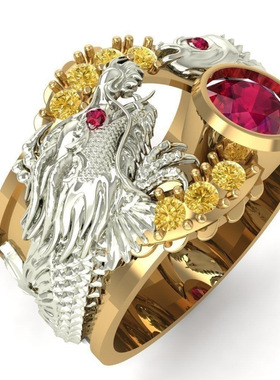 欧美富豪饰品双色环绕龙红宝石戒指男大气时尚指环