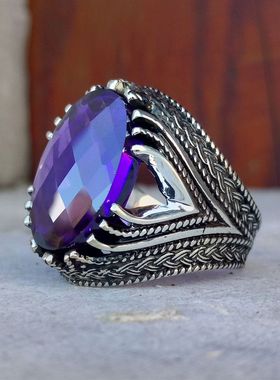 欧美复古镶嵌紫色宝石戒指男士欧美时尚流行男指环