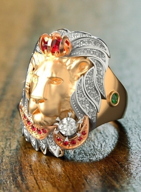 欧美时尚个性奢华狮子王霸气彩钻男戒饰品