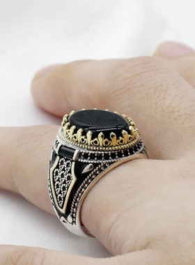 新款欧美个性复古双色男戒外贸黑色玛瑙黑宝石戒指男珠宝指环