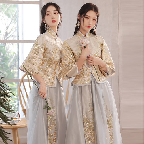 灰色新中式大码伴娘服礼服租赁2026夏季新款显瘦姐妹团中国风汉服