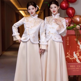 出租新中式伴娘服女2025冬装姐妹团高级感礼服裙长袖冬季加厚保暖