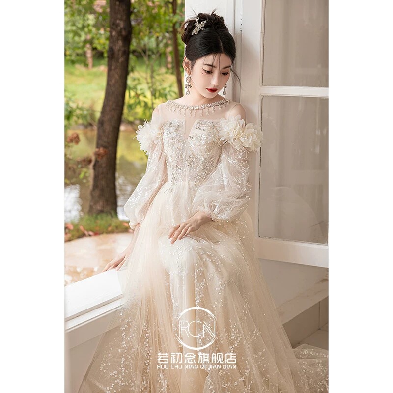 出租成人礼主持年会晚礼服裙高级感订婚敬酒高端晨袍艺考秋冬长袖图片