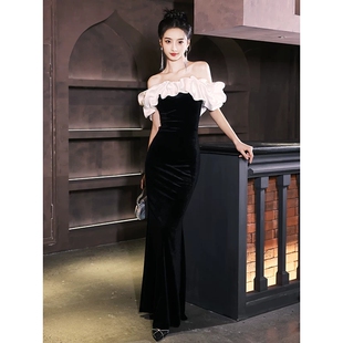 出租黑色一字肩晚礼服裙女高级感丝绒轻奢小众高端气质年会主持人