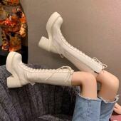 超火配裙子御姐风长靴骑士靴2023秋冬款 纯色设计感厚底高跟长筒靴