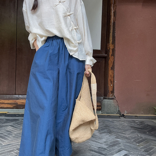 九分 博主风极简匹马棉松紧腰高腰挺阔阔腿裤 BLUE
