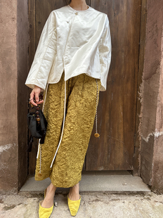 八分九分裤 小众设计系绳手工编制腰带阔腿裤 Y国风提花新中式 BLUE