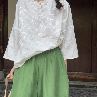 宽松套头 衬衫 BLUE Y国风冷白真丝纯棉提花圆领中袖