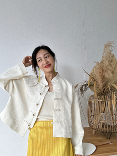 立领米白色浮雕提花盘扣宽松外套女长袖 新中式 上衣 Y原创新款 BLUE