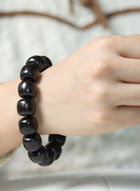 天然黑檀木老型桶珠国潮风文艺气质精品男女士单圈念佛珠手串链