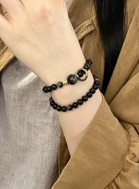 天然银耀石双圈手串男女情侣新中式时尚水晶文玩复古手链串珠6mm