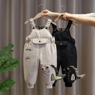 儿童羽绒背带裤男童加厚保暖裤冬季外穿恐龙卡通女宝白鸭绒连体裤