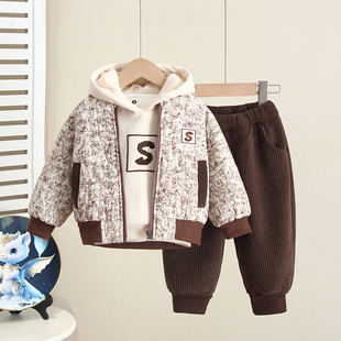 男宝宝洋气冬装套装男童加绒加厚三件套婴幼儿童秋冬季夹棉衣服潮