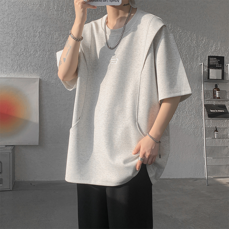 假两件短袖t恤男夏季2025新款男士上衣刺绣衣服重磅半袖男生体恤