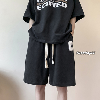美式刺绣短裤男款夏季潮牌宽松重磅休闲中裤男士篮球运动五分裤子