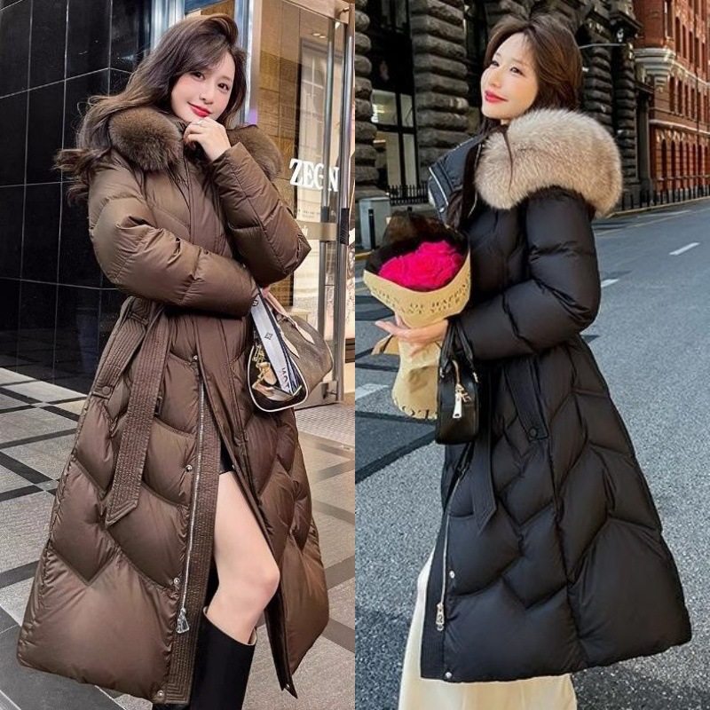 白鸭绒大毛领羽绒服女2025冬季新款宽松加厚保暖收腰长款过膝外套
