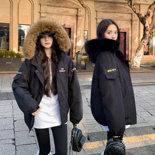 派克服大毛领黑色羽绒棉服女秋冬季复古情侣户外短款保暖棉衣外套