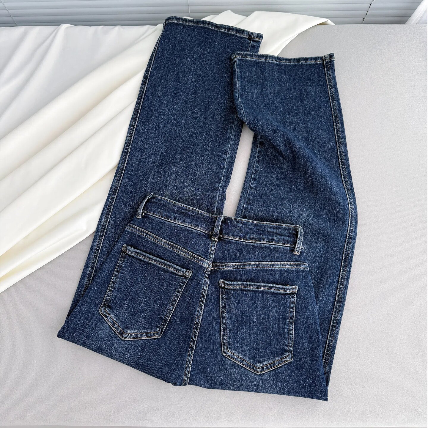 简约超百搭~深蓝色牛仔裤女窄版阔腿~高腰显瘦弹力修身长裤子