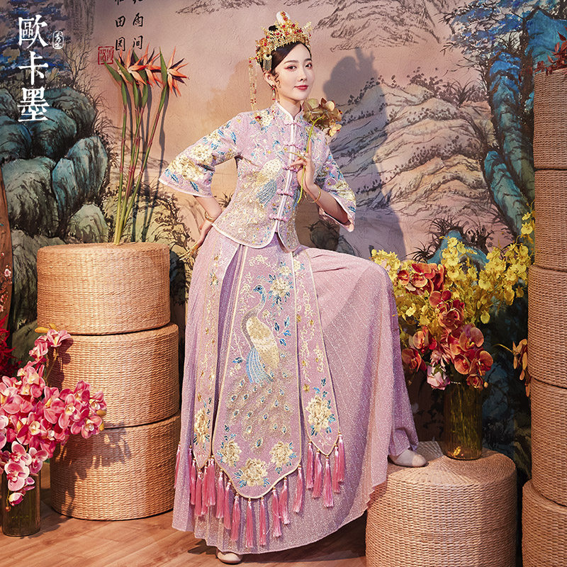 粉色秀禾服新娘2019新款秋中式婚纱礼服结婚敬酒服古代嫁衣秀和服