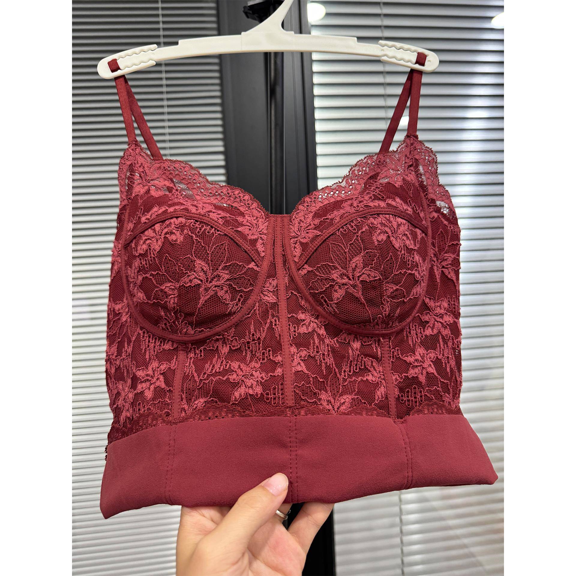 酒红色蕾丝美背背心文胸一体吊带女法式鱼骨胸衣保暖内搭加1102h