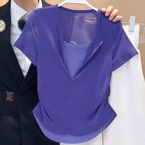 漂亮假两件短袖T恤女紫色通勤风高级时尚纯色女士休闲上衣夏0625k