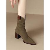 春季 磨砂后拉炼粗0128ed 时尚 尖头西部牛仔靴女2026年秋季 新款