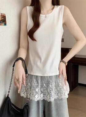 白色无袖T恤女夏季宽松大尺码蕾丝花边吊带背心洋派内搭打0203r1