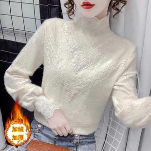 洋气内搭上衣长袖 时尚 小1219e 女2025秋冬新款 高领加绒蕾丝打底衫