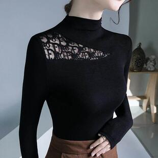 2026新款高领打底衫女秋款长袖t恤洋气设计感镂空蕾丝拼接上0101h
