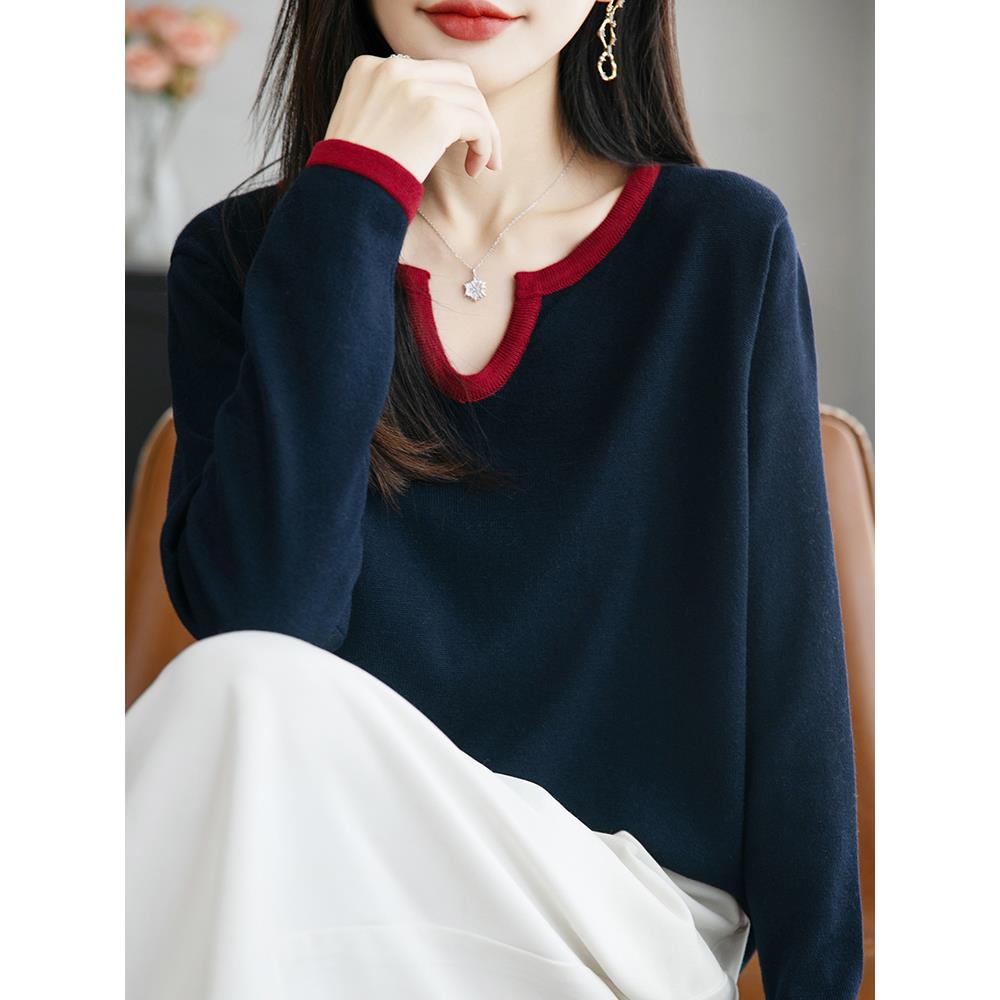 秋冬早秋V领撞色针织打底衫女2025新款秋洋气上衣大码女装毛1201u
