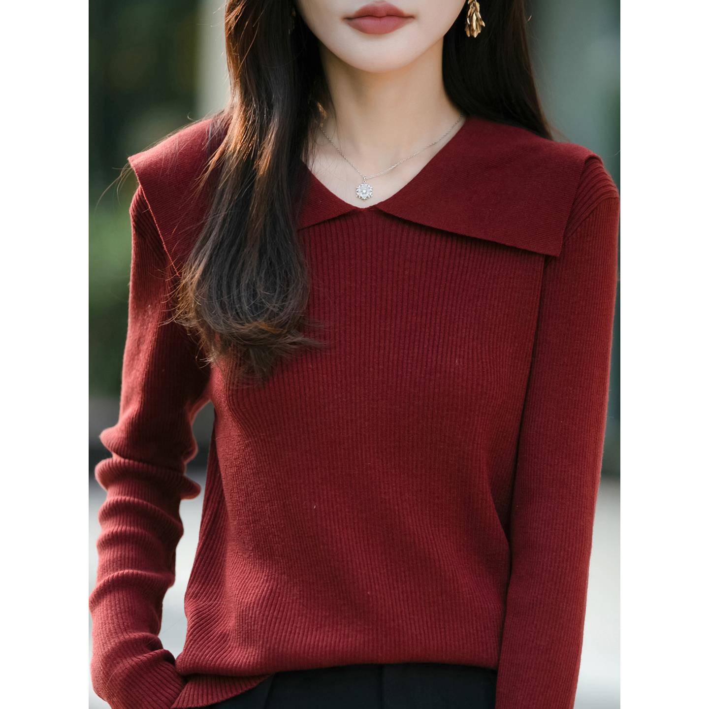 法式设计感时髦大翻领气质打底衫女小众洋气范海领长袖百搭1126h