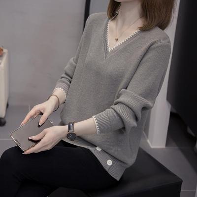 秋冬季大码女装V领长袖针织衫上衣胖mm感遮肚子内搭毛衣打底1120n