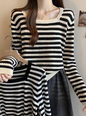 春秋大码女装方领条纹针织衫正肩长袖T恤打底衫胖mm遮肉显1230n