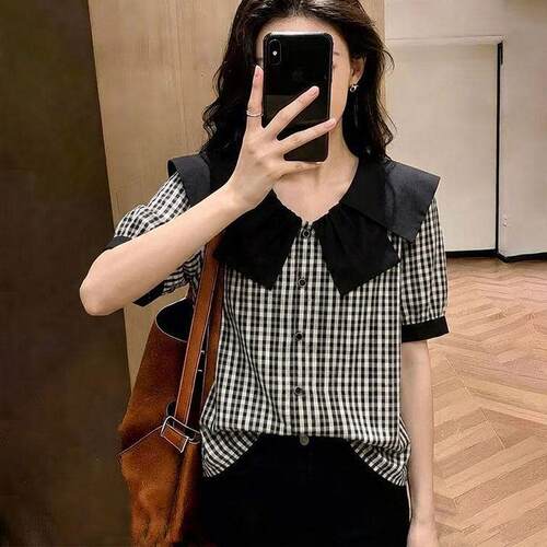 短袖撞色娃娃领独显瘦大码衬衣女2026夏装胖mm韩版宽松减龄0625d
