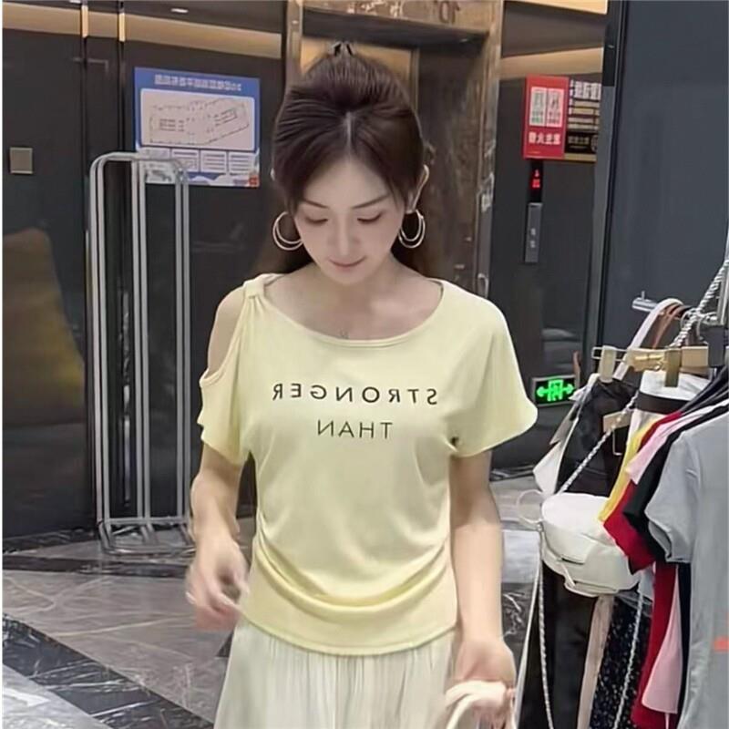 短袖2026年夏季新款韩版百搭圆领字母印花漏肩T恤衫女装显瘦0615d