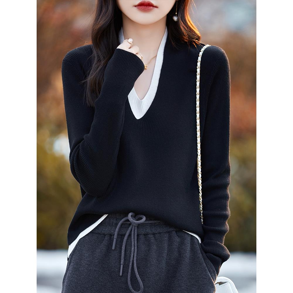 秋冬假两件上衣女设计感小众撞色针织打底衫2025新款内搭大1204u