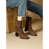 春季 美拉德棕色高跟靴子女显瘦气质百搭2026新款 秋冬方头短0128ed
