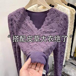 上衣1219e 内搭保暖修身 加绒加厚磨毛V领蕾丝打底衫 女秋冬季