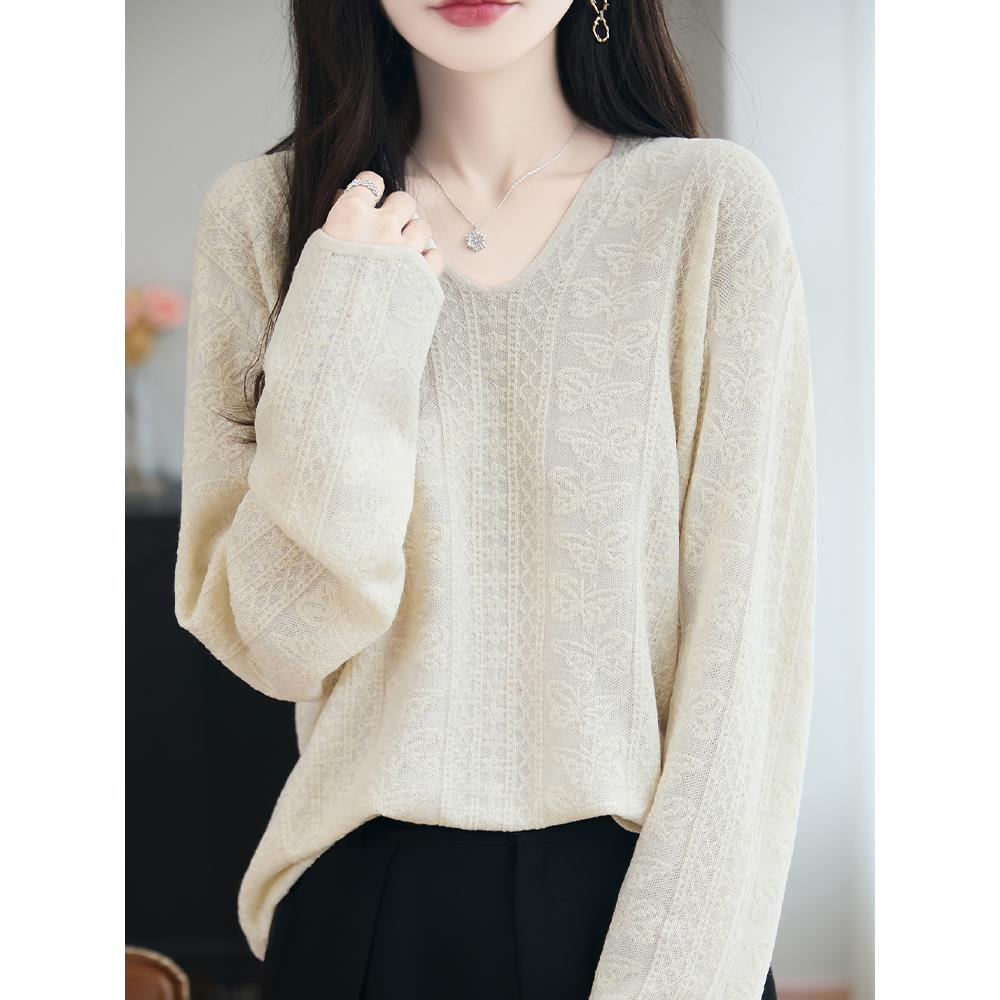秋冬早秋V领提花针织打底衫女2025新款秋洋气上衣大码女装毛1204u