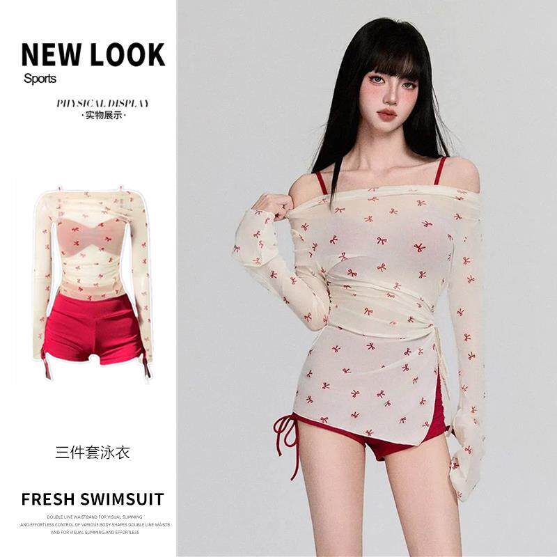 度假泳衣女大码胖MM分体保守三件套遮肉显瘦韩版甜美少女沙0413d