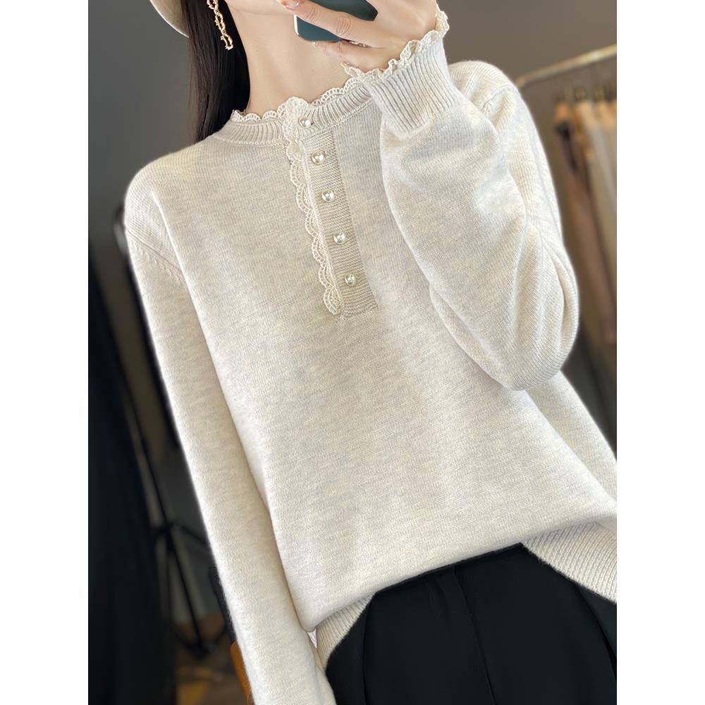 秋冬拼接花边蕾丝领针织打底衫女2025新款内搭洋气大码女装1201u