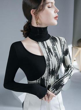 高领拼色打底衫女2325春季新款洋气内搭小衫性感设计感镂空0102h