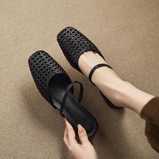 粗跟镂空编织托外穿凉鞋 夏款 女新款 包头拖鞋 0325d 法式